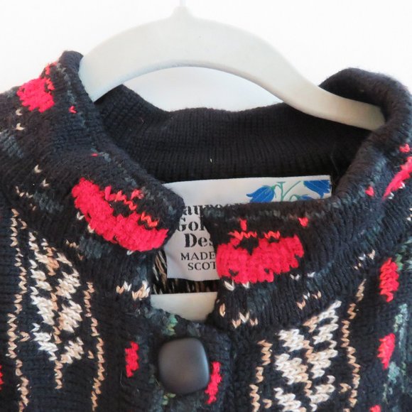VINTAGE Maureen Goldie Scotland 100% Wool Black Red Poppy Knit Cardigan - Picture 4 of 16